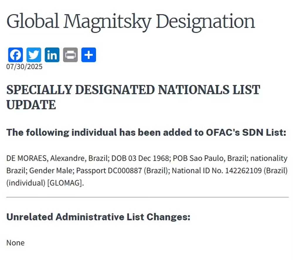 EUA sancionam Moraes com lei Magnitsky, usada pelo país para punir estrangeiros EUA sancionam Moraes com lei Magnitsky, usada pelo país para punir estrangeiros