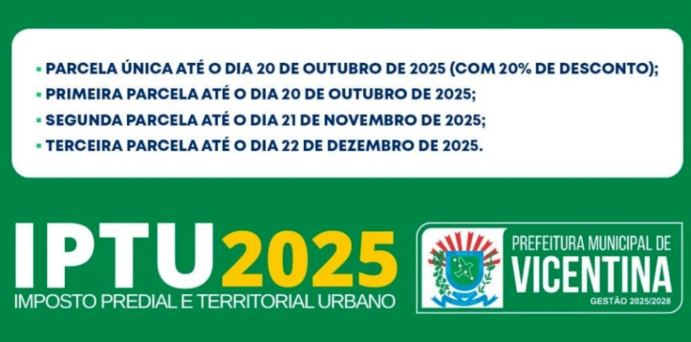 IPTU com desconto: Prefeitura facilita para contribuintes ficarem em dia com município de Vicentina