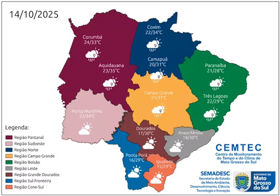 Tempo instável predomina em MS com risco de ventos fortes e chuva isolada Tempo instável predomina em MS com risco de ventos fortes e chuva isolada