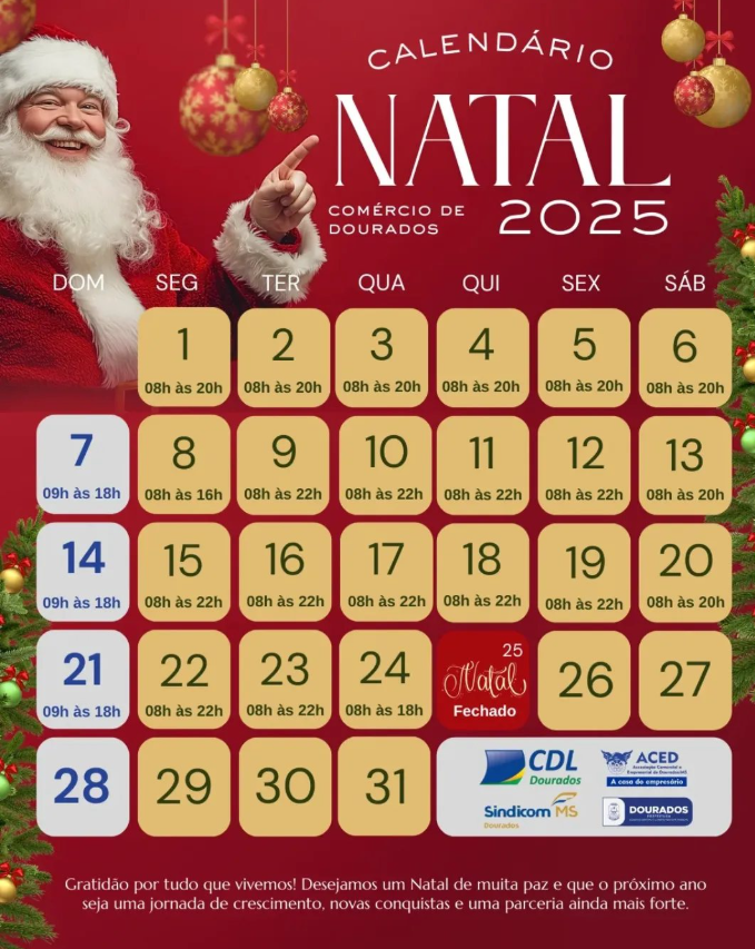 Comércio de Dourados divulga calendário e começa a atender em horário especial Comércio de Dourados divulga calendário e começa a atender em horário especial