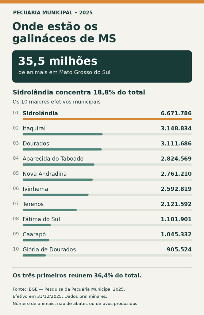 Sidrolândia concentra quase um quinto dos galináceos de MS, aponta IBGE Sidrolândia concentra quase um quinto dos galináceos de MS, aponta IBGE