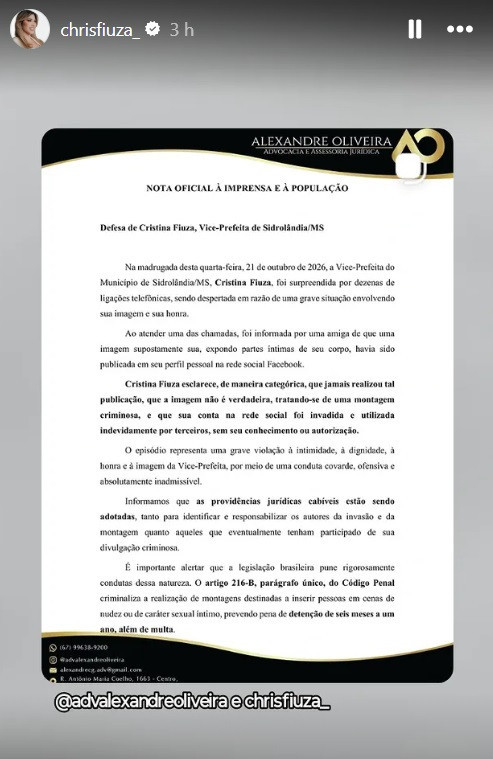 Vice-prefeita diz que teve conta invadida após imagem íntima manipulada serpublicada