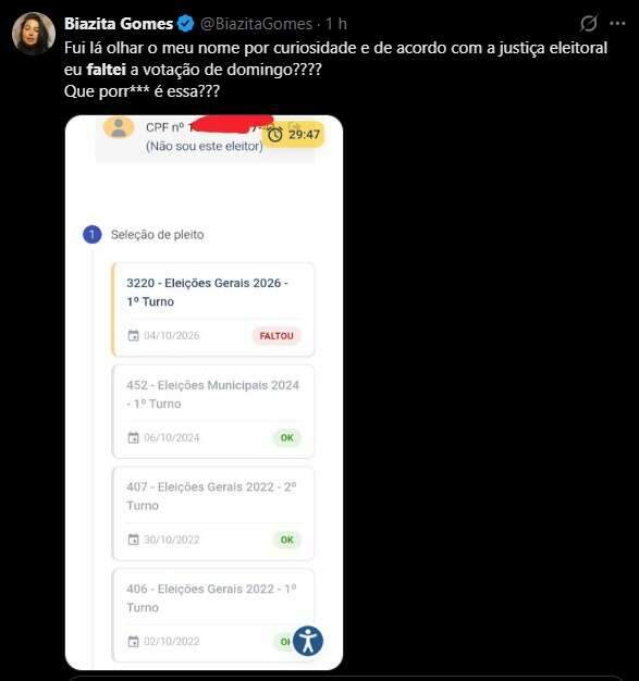 Eleitores se assustam com aviso de “faltou” após votar e TRE explica atualização Eleitores se assustam com aviso de “faltou” após votar e TRE explica atualização