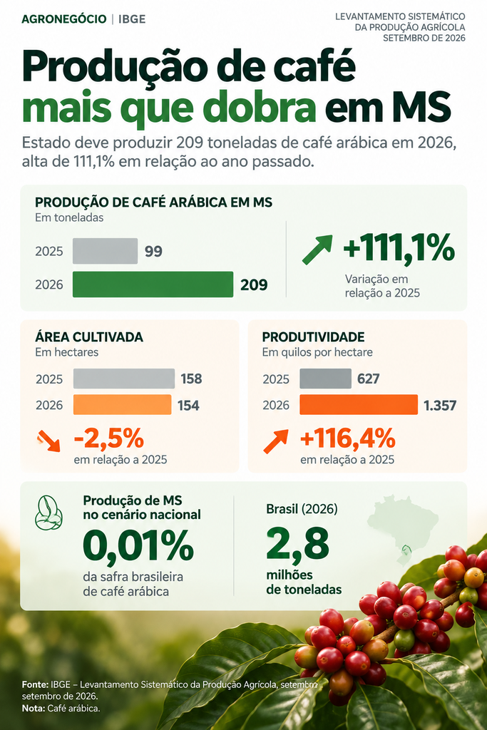 Produção de café mais que dobra em MS, mesmo com menos área cultivada Produção de café mais que dobra em MS, mesmo com menos área cultivada