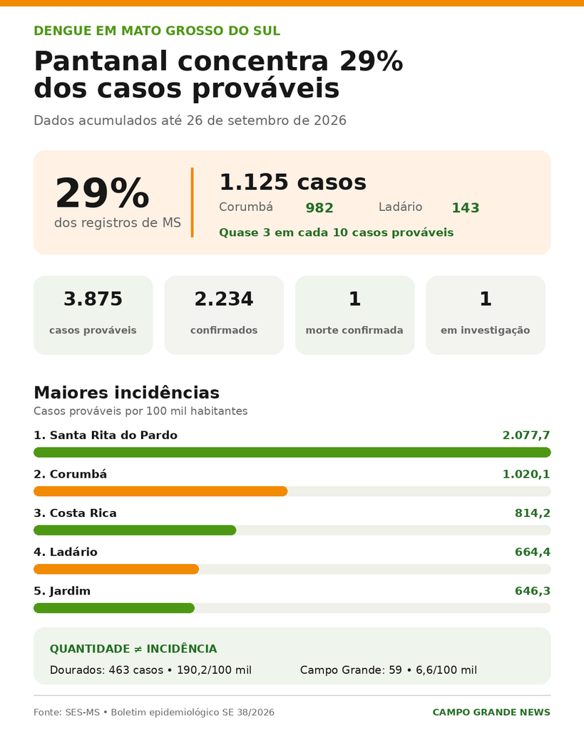 Corumbá e Ladário concentram 29% dos casos prováveis de dengue em MS