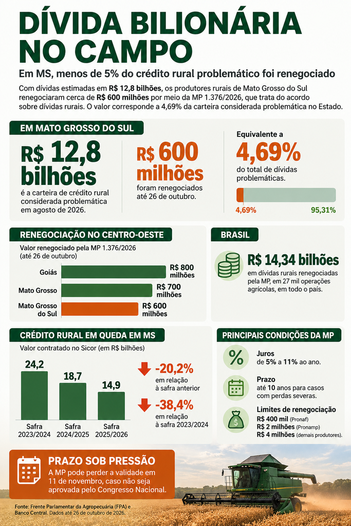 MS só renegociou R$ 600 milhões de um total de R$ 12,8 bilhões em dívidas rurais MS só renegociou R$ 600 milhões de um total de R$ 12,8 bilhões em dívidas rurais