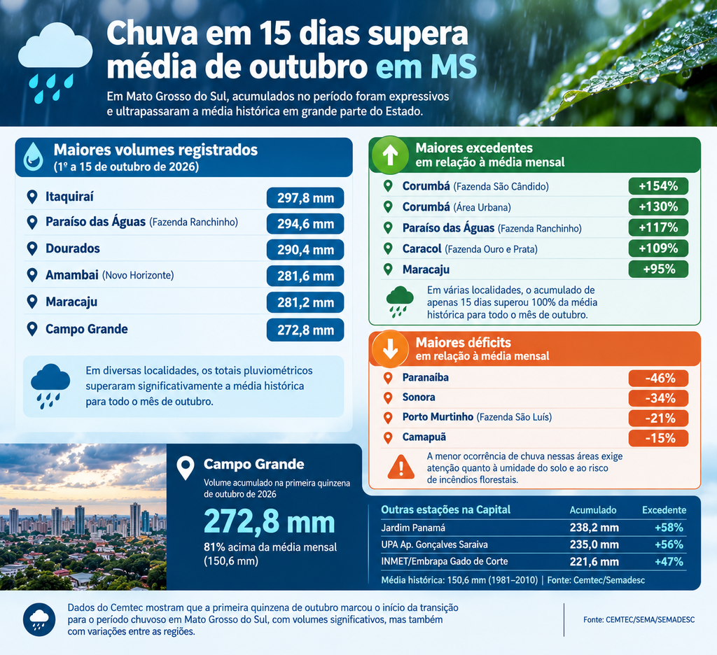 Outubro mal chegou à metade e volume de chuva já supera média mensal em MS Outubro mal chegou à metade e volume de chuva já supera média mensal em MS