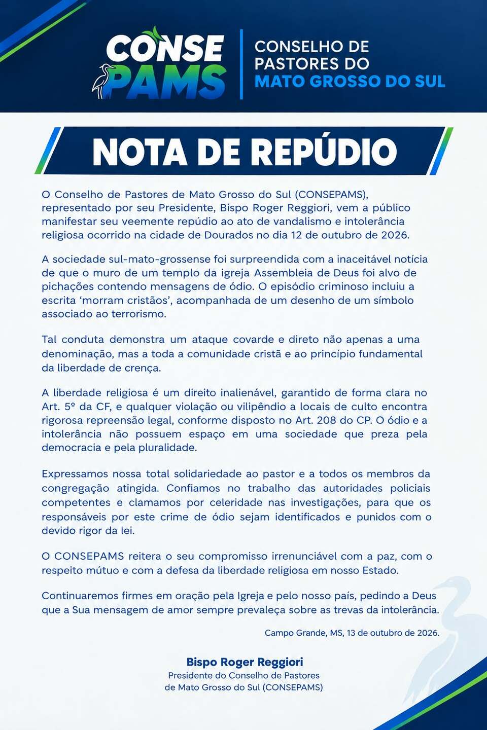 Ataque covarde a toda comunidade cristã, diz conselho de pastores sobre pichaçãoem Igreja